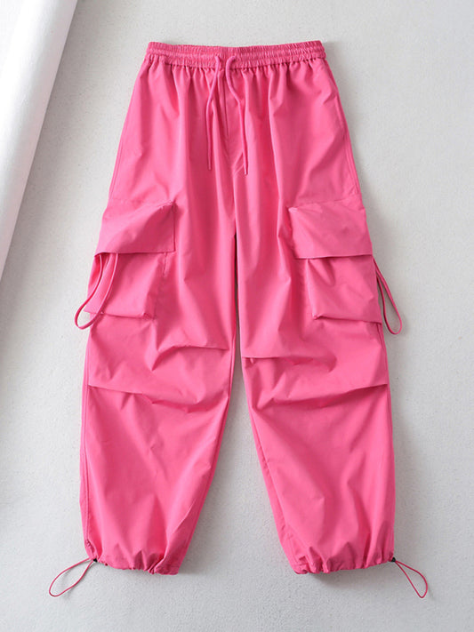 Large pocket sports cargo pants, loose casual drawstring straight fast-BOTTOMS SIZES SMALL MEDIUM LARGE-[Adult]-[Female]-Pink-S-2022 Online Blue Zone Planet