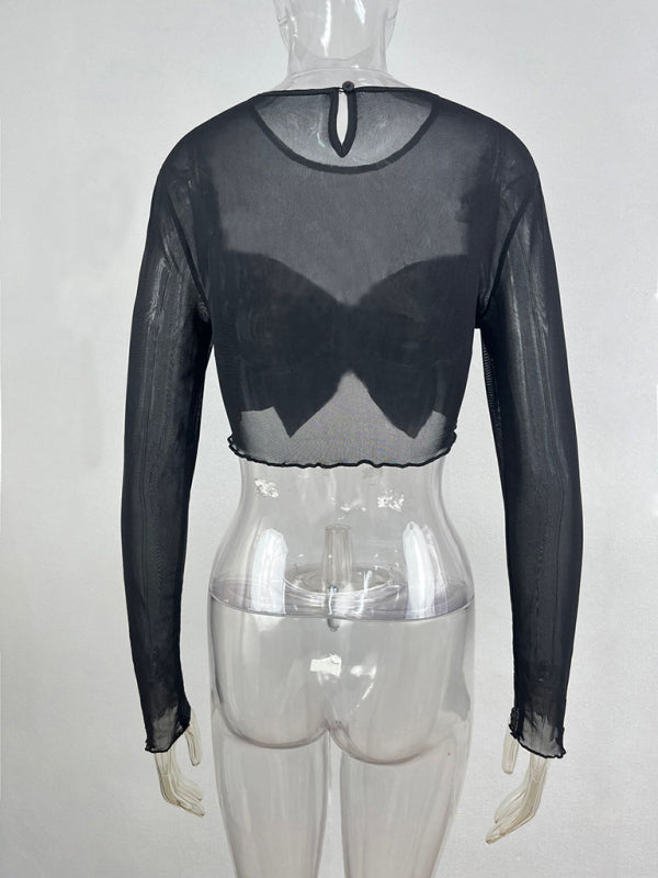 Blue Zone Planet |  Women's new able round neck big bow long-sleeved sexy see-through short top BLUE ZONE PLANET