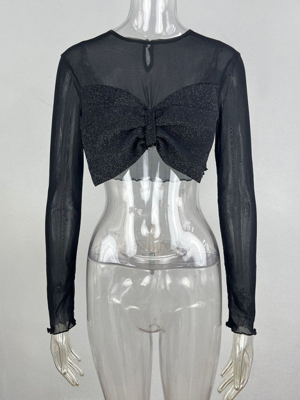 Blue Zone Planet |  Women's new able round neck big bow long-sleeved sexy see-through short top BLUE ZONE PLANET