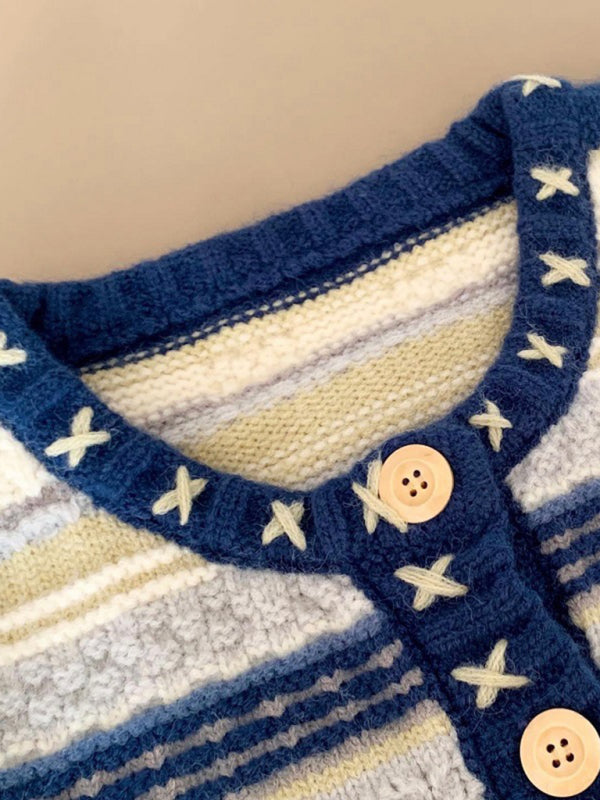 Women's New able Round Neck Single Breasted Knitted Cardigan-[Adult]-[Female]-Blue-FREESIZE-2022 Online Blue Zone Planet