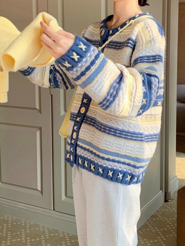 Women's New able Round Neck Single Breasted Knitted Cardigan-[Adult]-[Female]-Blue-FREESIZE-2022 Online Blue Zone Planet
