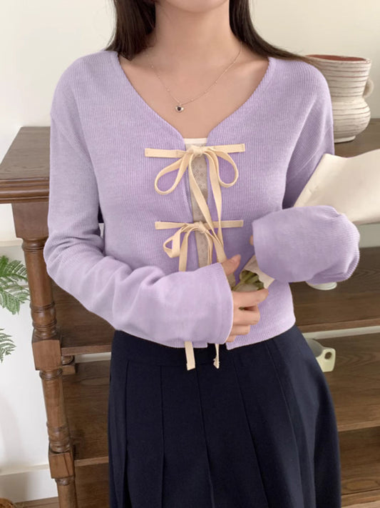 Women's new fashionable bow tie knitted cardigan top-[Adult]-[Female]-Pink-FREESIZE-2022 Online Blue Zone Planet