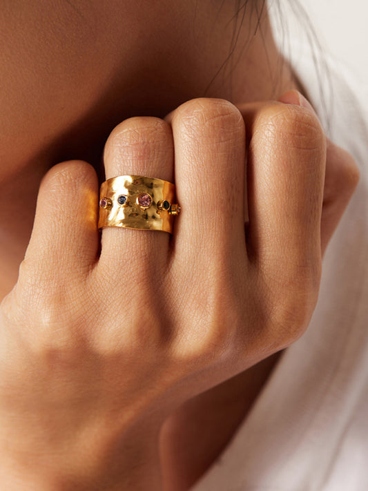 Women's new fashionable colorful zircon open personality ring-[Adult]-[Female]-Golden-FREESIZE-2022 Online Blue Zone Planet