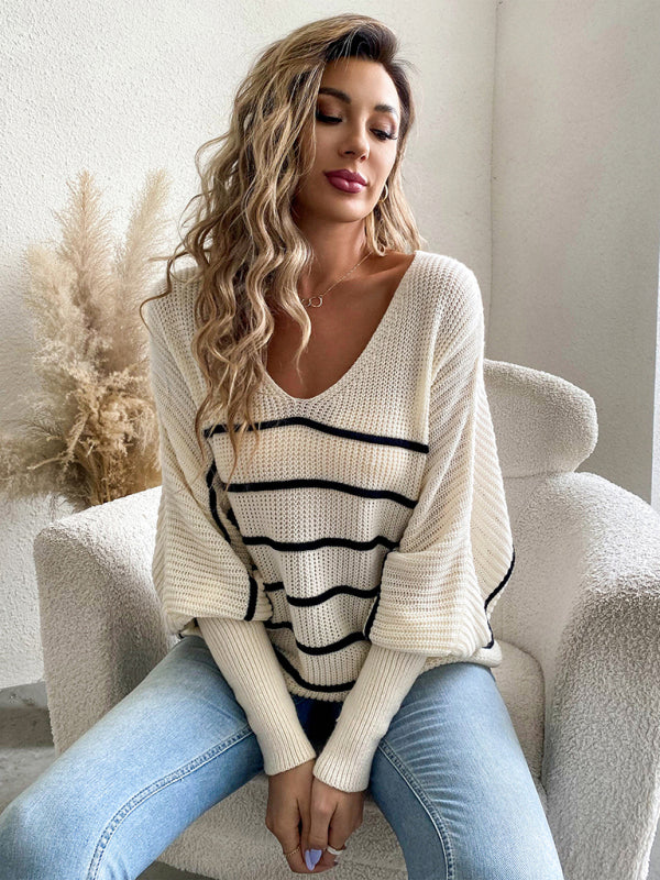 Women's loose striped V-neck long-sleeved sweater-[Adult]-[Female]-2022 Online Blue Zone Planet