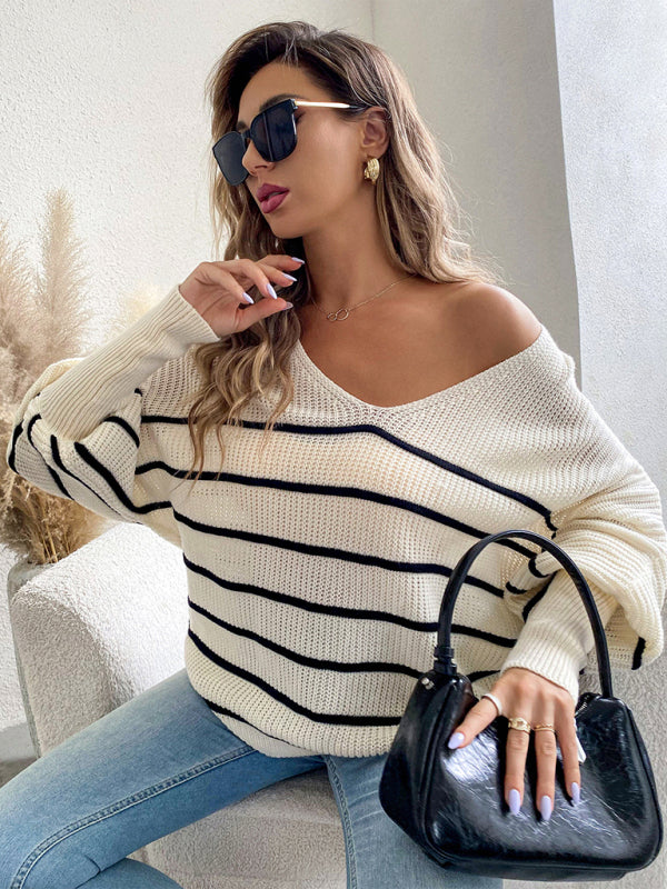 Women's loose striped V-neck long-sleeved sweater-[Adult]-[Female]-2022 Online Blue Zone Planet