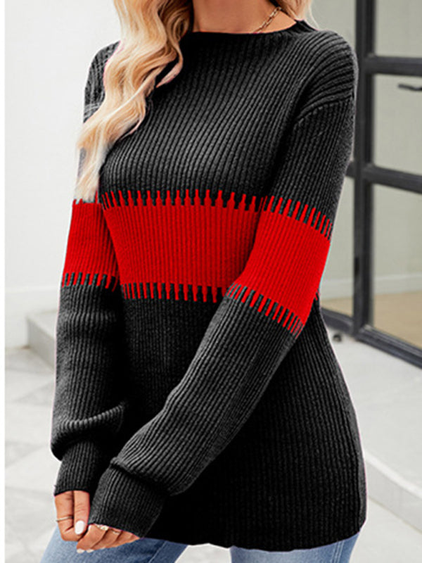 Women's New Contrast Color Spliced Turtleneck Sweater-[Adult]-[Female]-2022 Online Blue Zone Planet