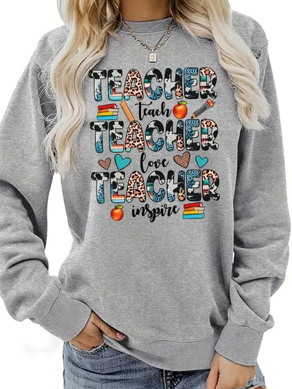 Blue Zone Planet | Women's wholesale round neck casual teacher pattern sweatshirt-[Adult]-[Female]-Grey-S-2022 Online Blue Zone Planet