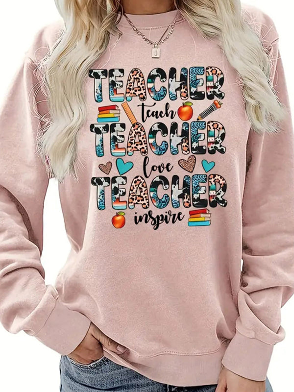 Blue Zone Planet | Women's wholesale round neck casual teacher pattern sweatshirt-[Adult]-[Female]-Pink-S-2022 Online Blue Zone Planet