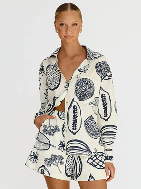 Blue Zone Planet | Women's New Casual Premium Fruit Print Shorts Cardigan Set-TOPS / DRESSES-[Adult]-[Female]-White-S-2022 Online Blue Zone Planet