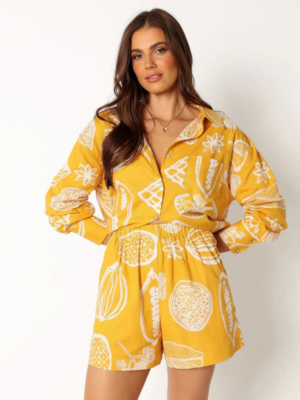 Blue Zone Planet | Women's New Casual Premium Fruit Print Shorts Cardigan Set-TOPS / DRESSES-[Adult]-[Female]-Yellow-S-2022 Online Blue Zone Planet