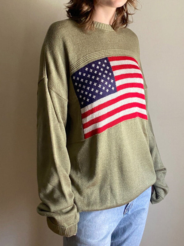 Women's Independence Day American Flag Loose Fit Pullover Sweater-[Adult]-[Female]-2022 Online Blue Zone Planet