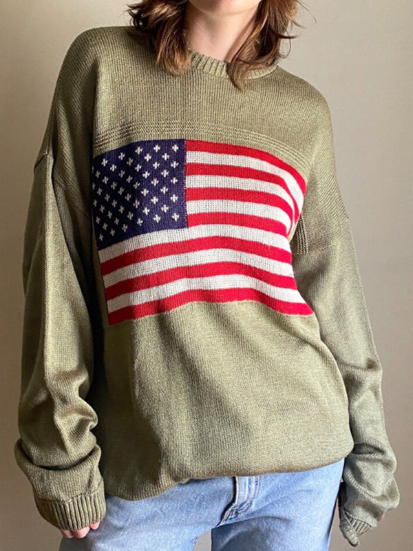 Women's Independence Day American Flag Loose Fit Pullover Sweater-[Adult]-[Female]-Olive green-M-2022 Online Blue Zone Planet