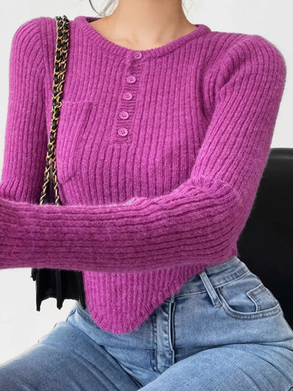 Women's new round neck thickened curved hem short long-sleeved sweater-[Adult]-[Female]-Purple-S-2022 Online Blue Zone Planet