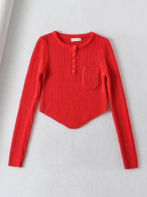 Women's new round neck thickened curved hem short long-sleeved sweater-[Adult]-[Female]-Watermelon Red-S-2022 Online Blue Zone Planet