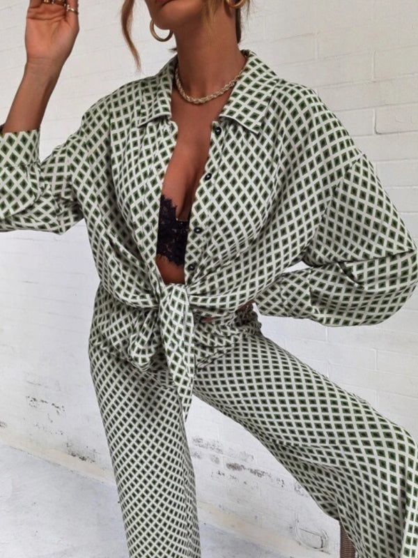 printed long-sleeved off-shoulder shirt and trousers 2-piece suit BLUE ZONE PLANET