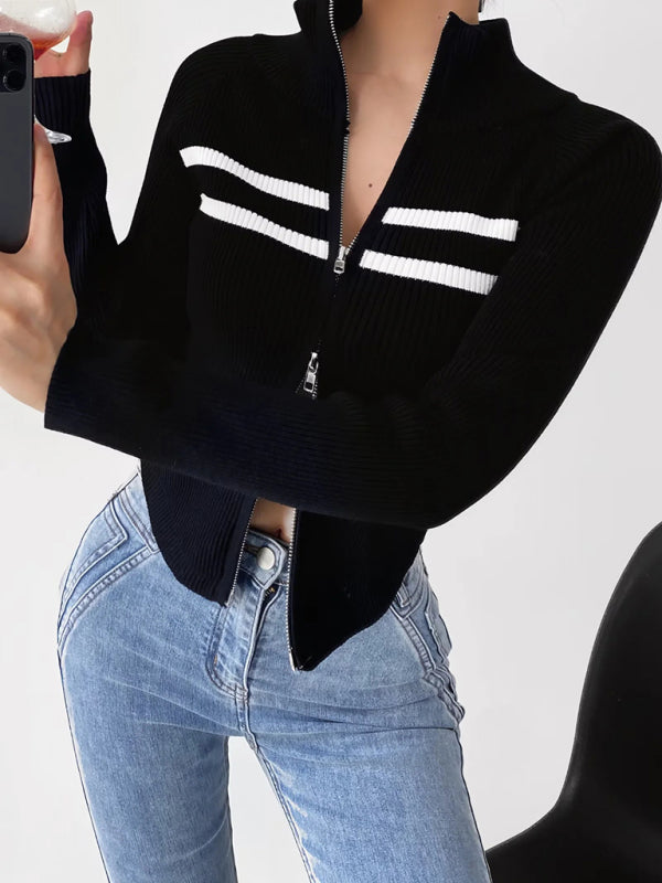Blue Zone Planet | double-ended zipper striped waisted curved long-sleeved knitted cardigan jacket BLUE ZONE PLANET