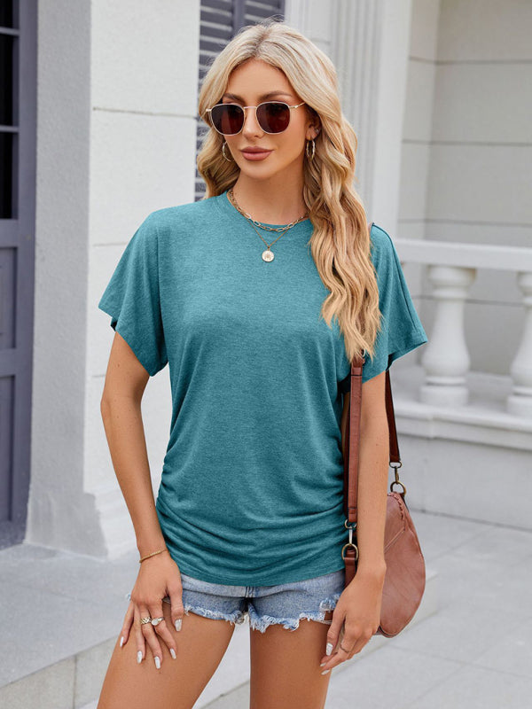 Blue Zone Planet | round neck pleated solid color short-sleeved loose T-shirt top-TOPS / DRESSES-[Adult]-[Female]-2022 Online Blue Zone Planet