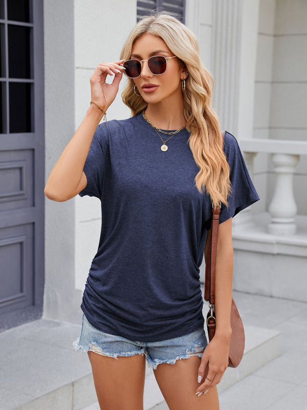 Blue Zone Planet | round neck pleated solid color short-sleeved loose T-shirt top-TOPS / DRESSES-[Adult]-[Female]-2022 Online Blue Zone Planet