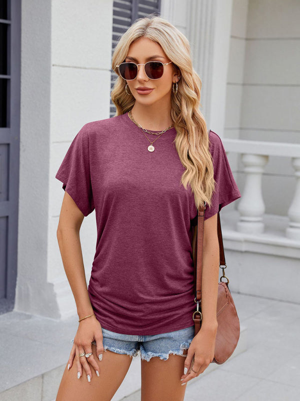 Blue Zone Planet | round neck pleated solid color short-sleeved loose T-shirt top-TOPS / DRESSES-[Adult]-[Female]-2022 Online Blue Zone Planet