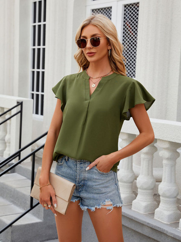 Blue Zone Planet |  V-neck flying sleeve solid color short-sleeved chiffon loose top BLUE ZONE PLANET