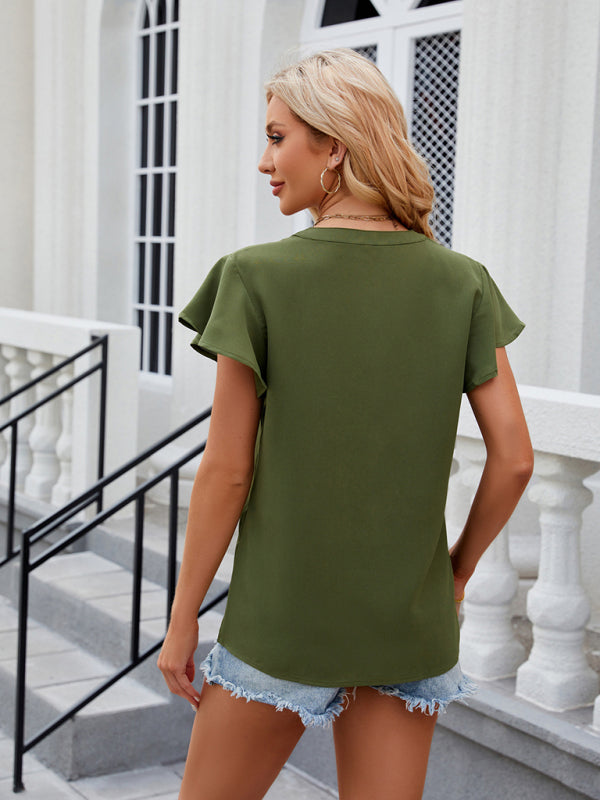 Blue Zone Planet |  V-neck flying sleeve solid color short-sleeved chiffon loose top BLUE ZONE PLANET