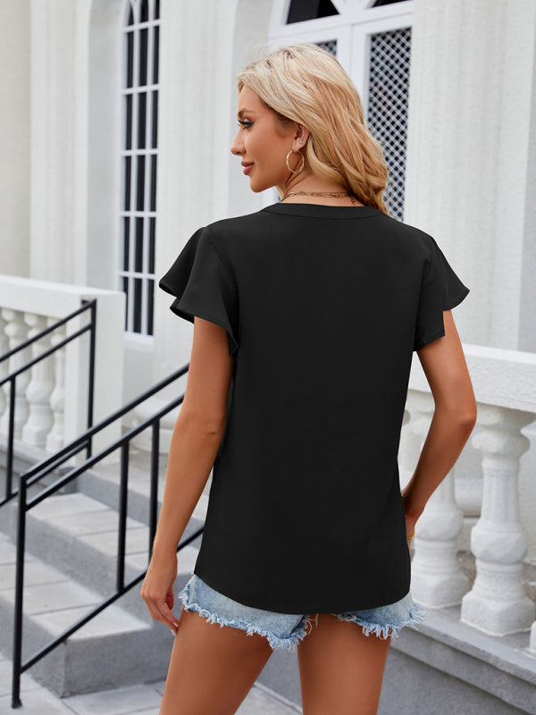 Blue Zone Planet |  V-neck flying sleeve solid color short-sleeved chiffon loose top BLUE ZONE PLANET