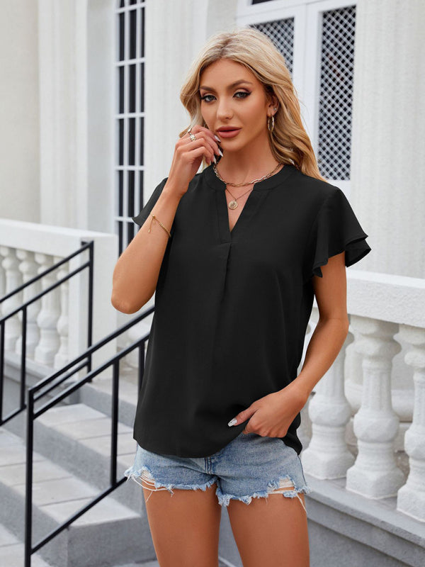 Blue Zone Planet |  V-neck flying sleeve solid color short-sleeved chiffon loose top BLUE ZONE PLANET