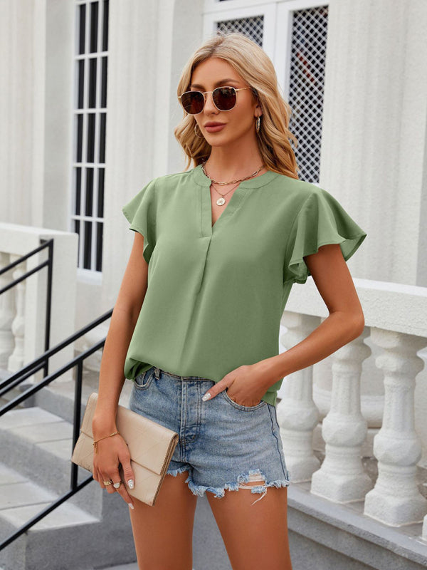 Blue Zone Planet |  V-neck flying sleeve solid color short-sleeved chiffon loose top BLUE ZONE PLANET