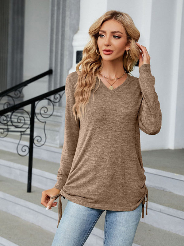 V-neck smocked solid color long-sleeved loose T-shirt top-[Adult]-[Female]-Coffee-S-2022 Online Blue Zone Planet
