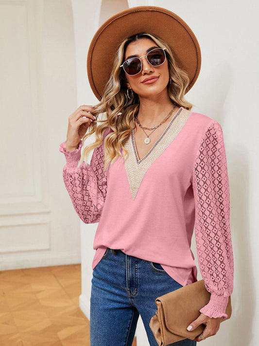 Blue Zone Planet | V-neck lace patchwork hollow long-sleeved loose top T-shirt-TOPS / DRESSES-[Adult]-[Female]-Pink-S-2022 Online Blue Zone Planet
