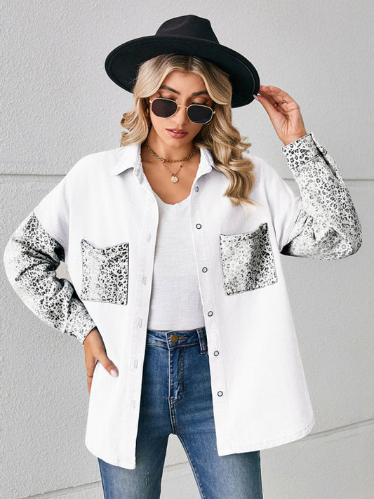 Blue Zone Planet | New loose leopard print patchwork denim shirt long sleeve top cardigan-TOPS / DRESSES-[Adult]-[Female]-White-S-2022 Online Blue Zone Planet