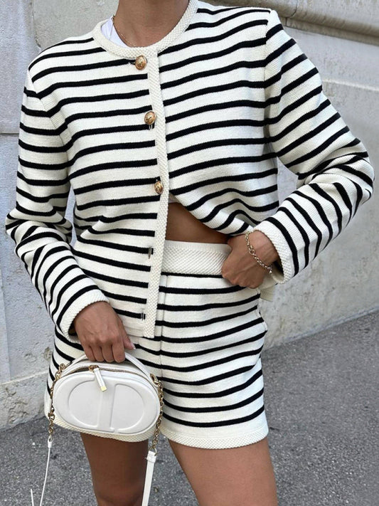 striped simple cardigan shorts two-piece suit