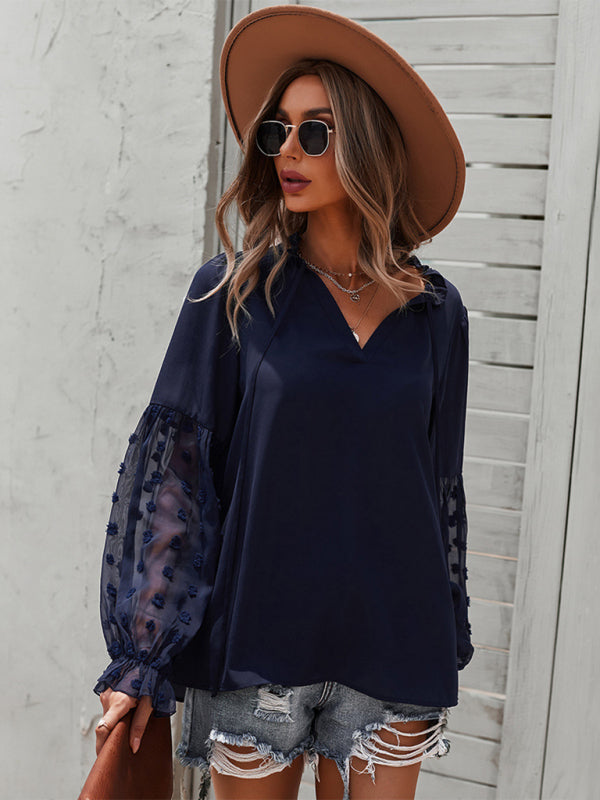 Elegant Lace Stand Collar Puff Sleeve Shirt-[Adult]-[Female]-Champlain color-S-2022 Online Blue Zone Planet