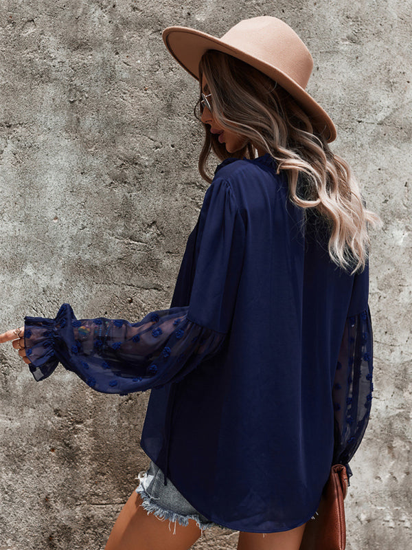 Elegant Lace Stand Collar Puff Sleeve Shirt-[Adult]-[Female]-2022 Online Blue Zone Planet