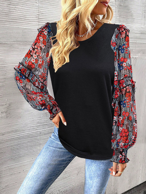 printed sleeve patchwork crew neck shirt-TOPS / DRESSES-[Adult]-[Female]-2022 Online Blue Zone Planet