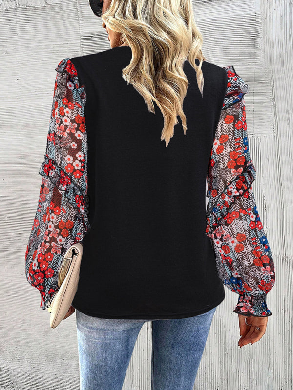 printed sleeve patchwork crew neck shirt-TOPS / DRESSES-[Adult]-[Female]-2022 Online Blue Zone Planet