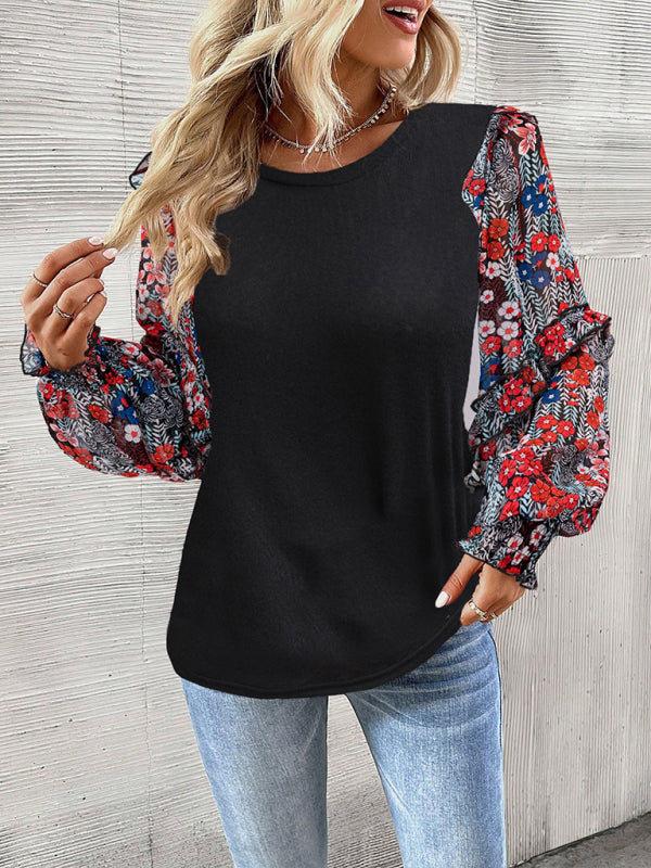 printed sleeve patchwork crew neck shirt-TOPS / DRESSES-[Adult]-[Female]-Red-S-2022 Online Blue Zone Planet