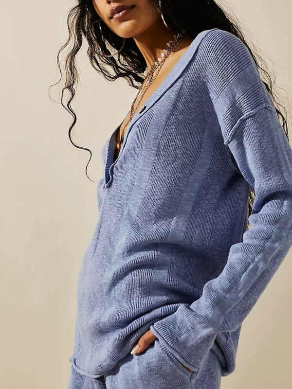 Blue Zone Planet | long-sleeved knitted button sweater suit V-neck + shorts suit BLUE ZONE PLANET