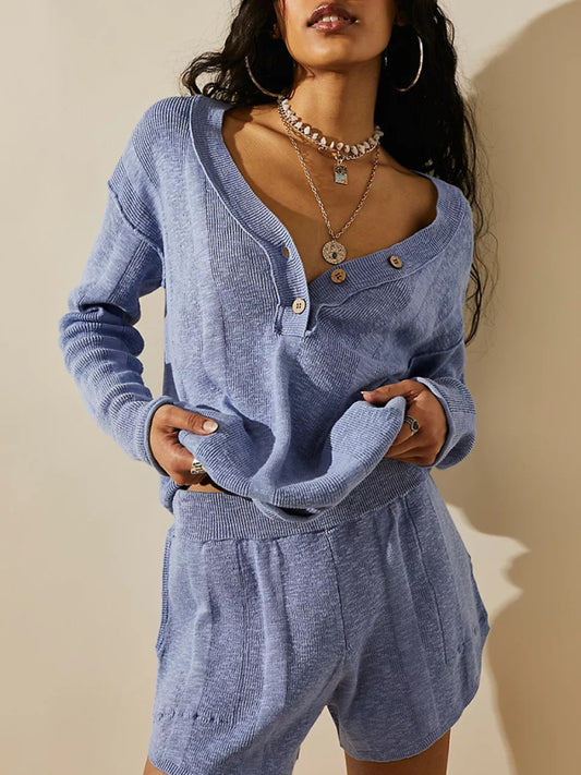 Blue Zone Planet |  New long-sleeved knitted button sweater suit V-neck + shorts casual suit