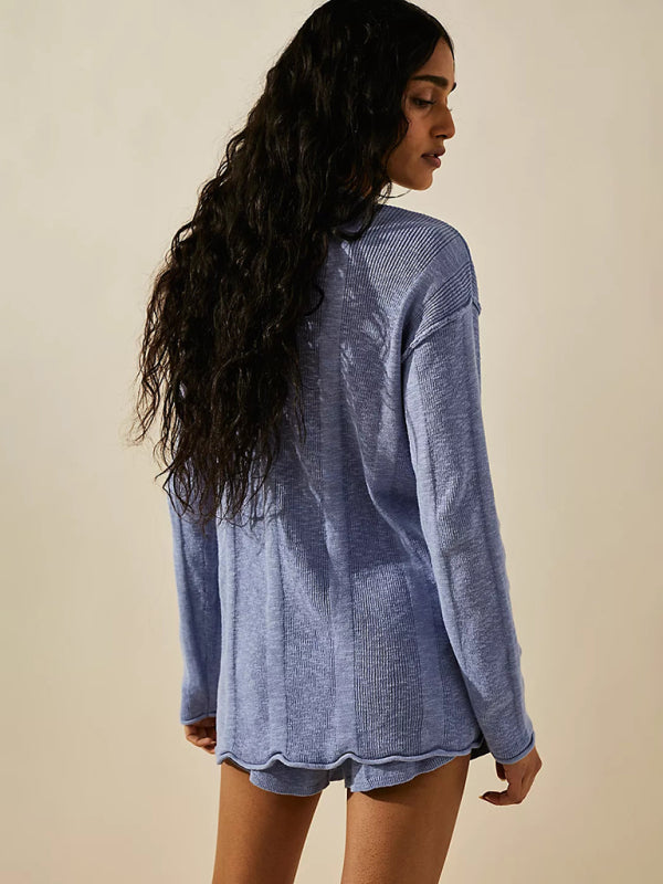 Blue Zone Planet | long-sleeved knitted button sweater suit V-neck + shorts suit BLUE ZONE PLANET