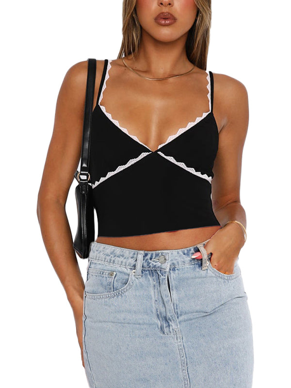 Blue Zone Planet | Women's suspender lace fashionable street V-neck solid color vest-[Adult]-[Female]-Black-S-2022 Online Blue Zone Planet