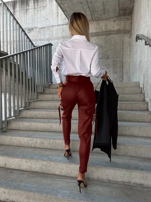 Fashion Slim Fit PU Leather Waist Leg Pants Pockets-[Adult]-[Female]-2022 Online Blue Zone Planet