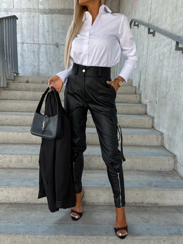 Fashion Slim Fit PU Leather Waist Leg Pants Pockets-[Adult]-[Female]-Black-S-2022 Online Blue Zone Planet