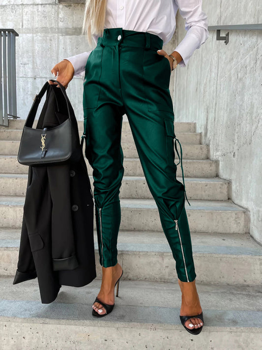 Fashion Slim Fit PU Leather Waist Leg Pants Pockets-[Adult]-[Female]-Green black jasper-S-2022 Online Blue Zone Planet