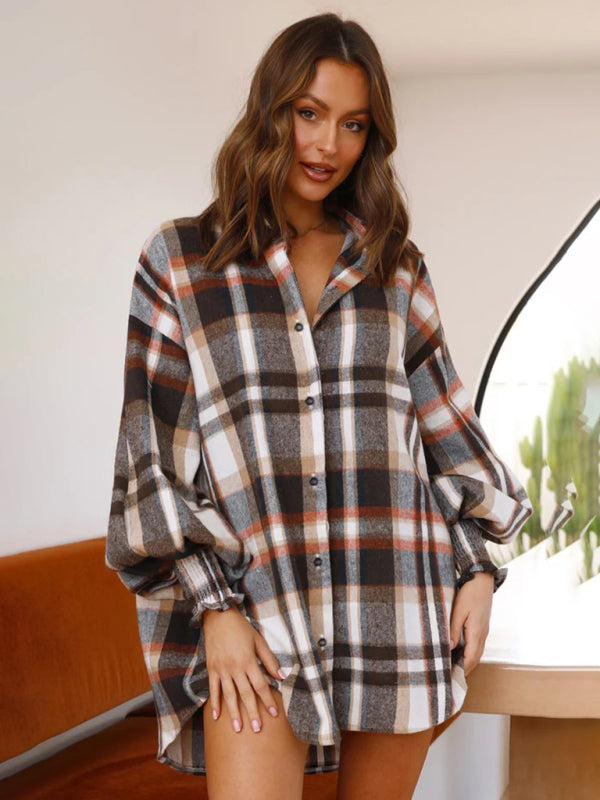 Blue Zone Planet | New comfortable plaid lantern sleeve long sleeve shirt-[Adult]-[Female]-Red-S-2022 Online Blue Zone Planet