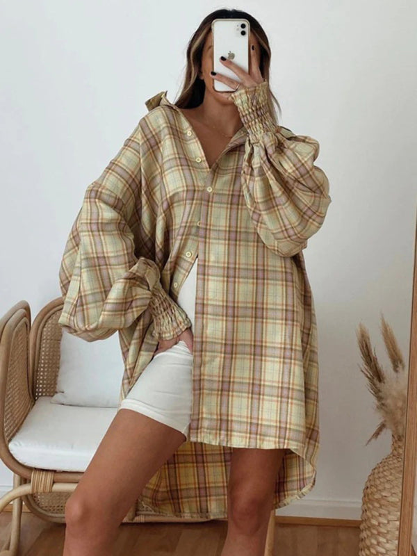 Blue Zone Planet | New comfortable plaid lantern sleeve long sleeve shirt-[Adult]-[Female]-Earth yellow-S-2022 Online Blue Zone Planet