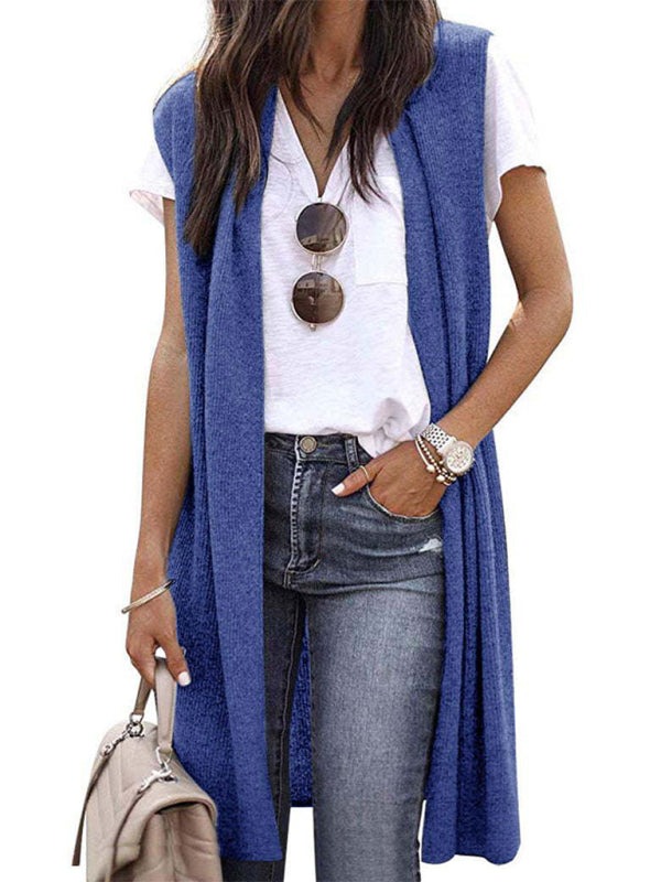 New solid color able casual mid-length cardigan vest-[Adult]-[Female]-Blue-S-2022 Online Blue Zone Planet