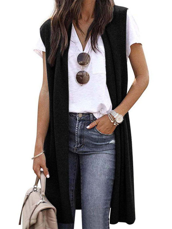 New solid color able casual mid-length cardigan vest-[Adult]-[Female]-Black-S-2022 Online Blue Zone Planet