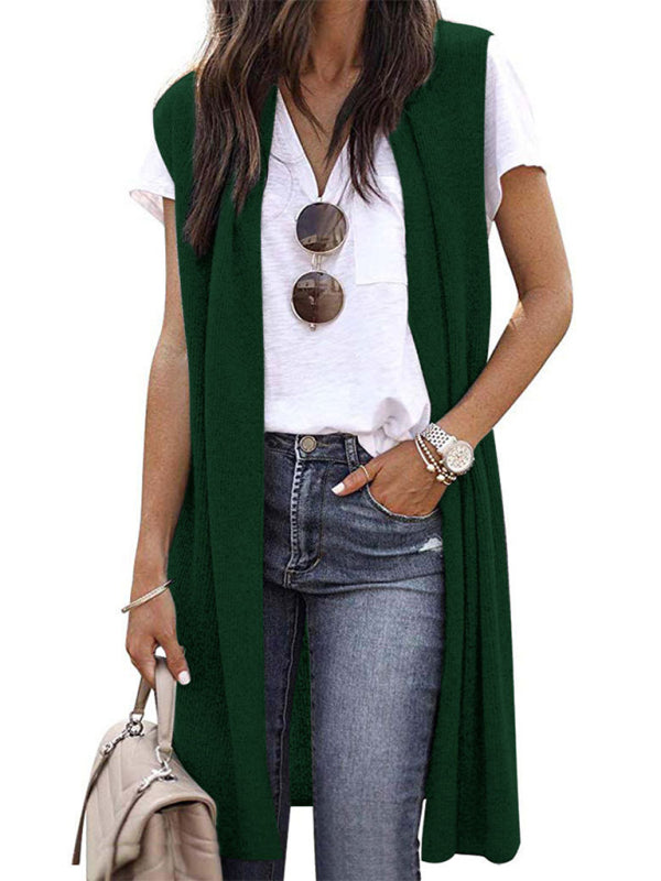 New solid color able casual mid-length cardigan vest-[Adult]-[Female]-Green-S-2022 Online Blue Zone Planet