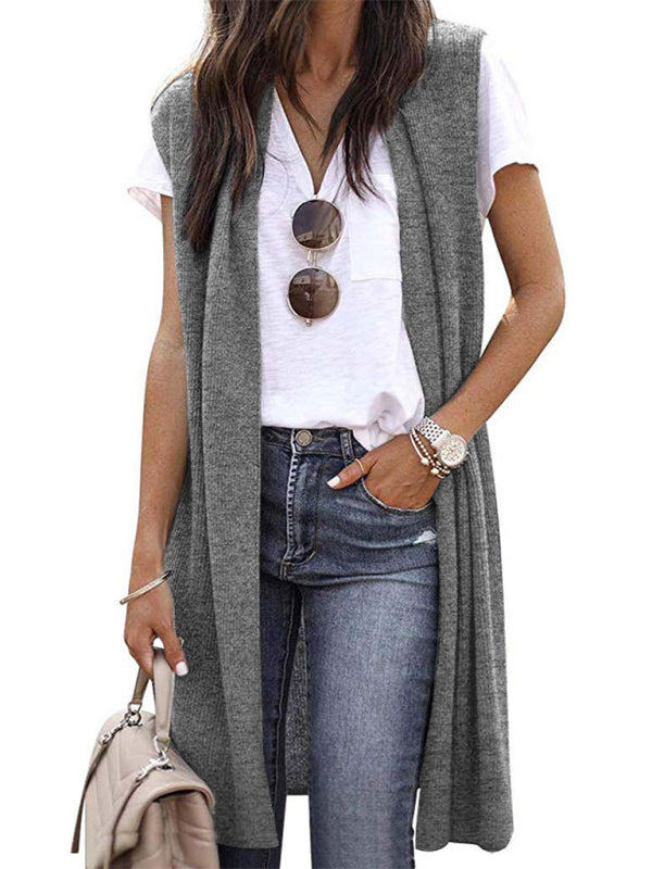 New solid color able casual mid-length cardigan vest-[Adult]-[Female]-2022 Online Blue Zone Planet